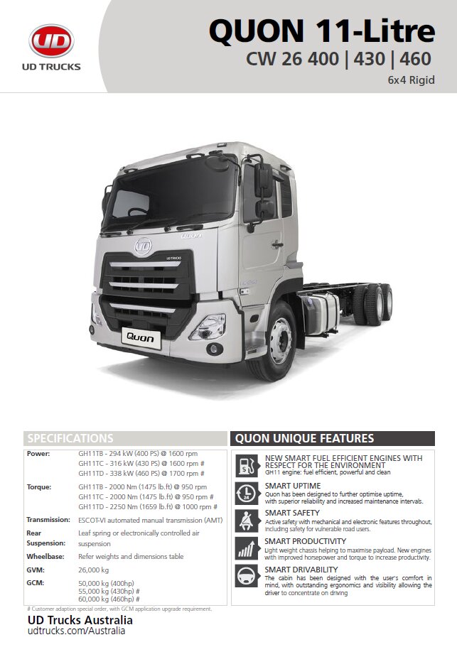 Quon CW 26 400 430 & 460 Spec Sheet | UD Trucks